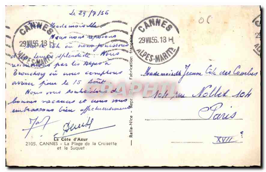 Cannes — Plage de la Croisette — éditeur CPAPHIL — Verso