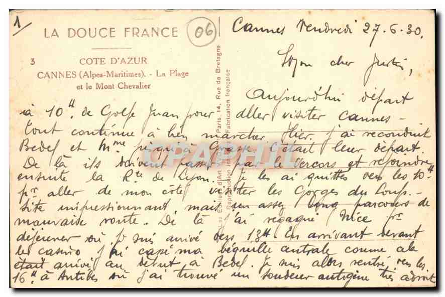 CPA Cote d'Azur Cannes Alpes Maritimes la Plage et le Mont Chevalier  — Verso