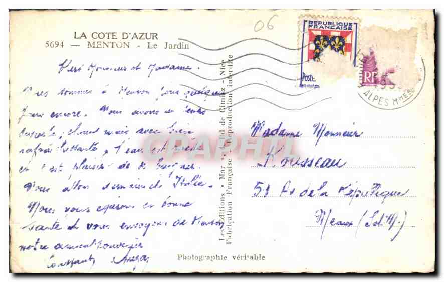 CPA La Cote d'Azur Menton le Jardin  — Verso
