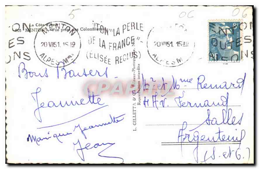 CPA La Cote d'Azur Menton vue prise des Colombieres  — Rückseite
