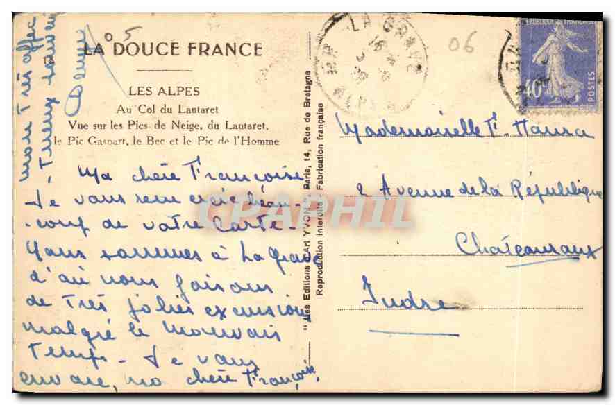 Les Alpes — Vue sur les Pics de Neige, du Lautaret, le Pic Gasnart, le Bec et le Pic de l'Homme — Les Éditions Yvort, Paris — Verso