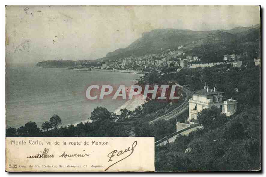 Monte Carlo, vu de la route de Menton — éditeur Fr. Roineko, Brunshaupten 03, n° 2132