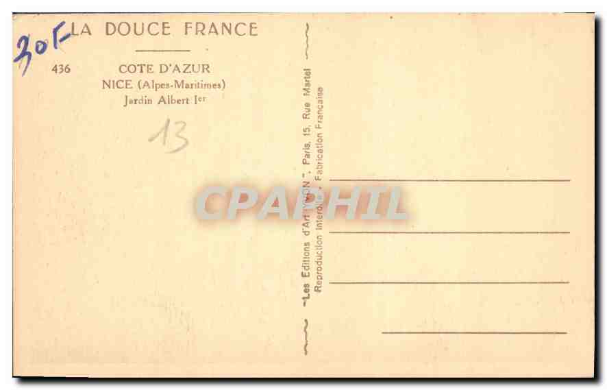 CPA Cote d'Azur Nice Alpes Maritimes Jardin Albert 1er  — Rückseite