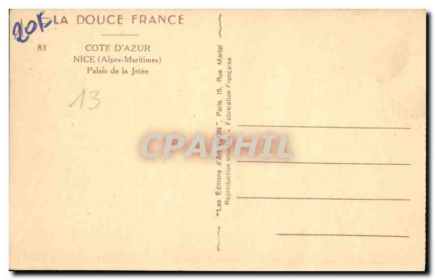 CPA Cote d'Azur Nice Alpes Maritimes Palais de la Jetee  — Rückseite