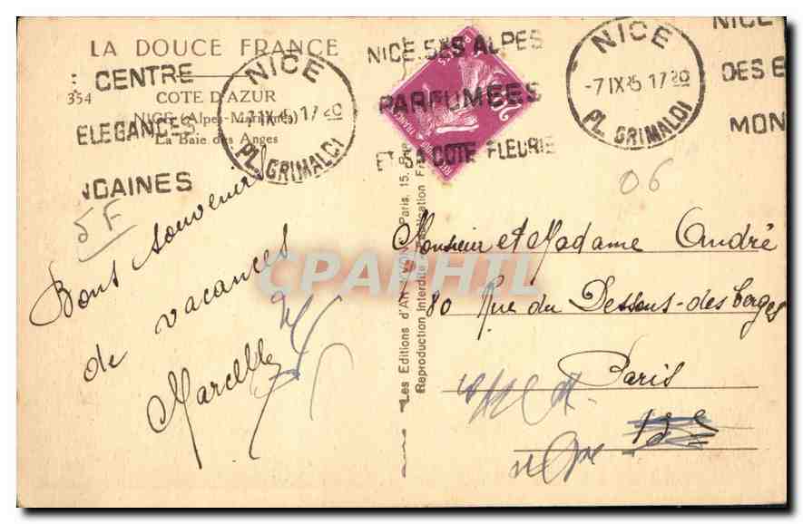CPA Cote d'Azur Nice Alpes Maritimes la baie des Anges  — Rückseite