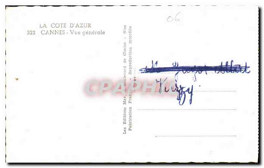 CPA La Cote d'Azur Cannes Vue generale  — Rückseite