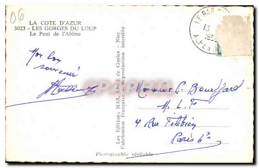 CPA La Cote d'Azur Les Gorges du Loup Le Pont de l'Abime  — Back