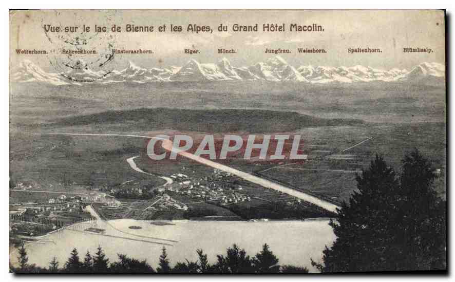 Vue sur le lac de Bienne et les Alpes, du Grand Hôtel Macolin — éditeur non visible, n° de série non lisible
