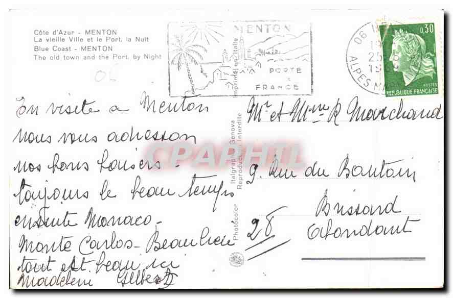CPA Cote d'Azur Menton La vieille Ville et le Port la Nuit  — Verso