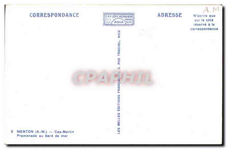 CPA Menton A M Cap Martin Promenade au bord de Mer  — Rückseite