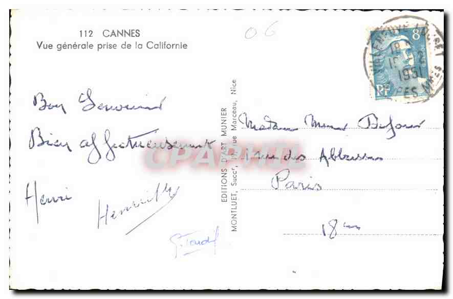 Cannes — Vue générale prise de la Californie — Éditions d'Art Munier, Nice — Rückseite