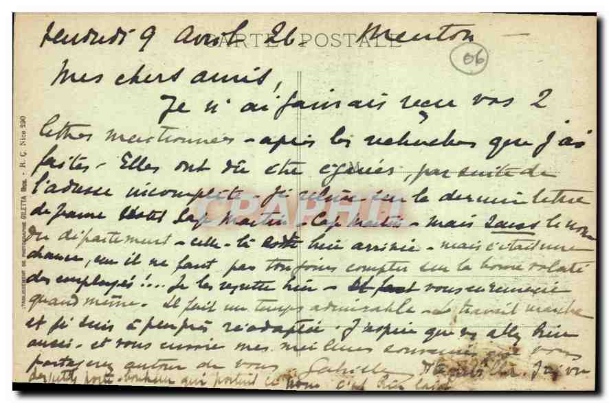 CPA Menton Sous Bois Promenade du Cap Martin  — Verso