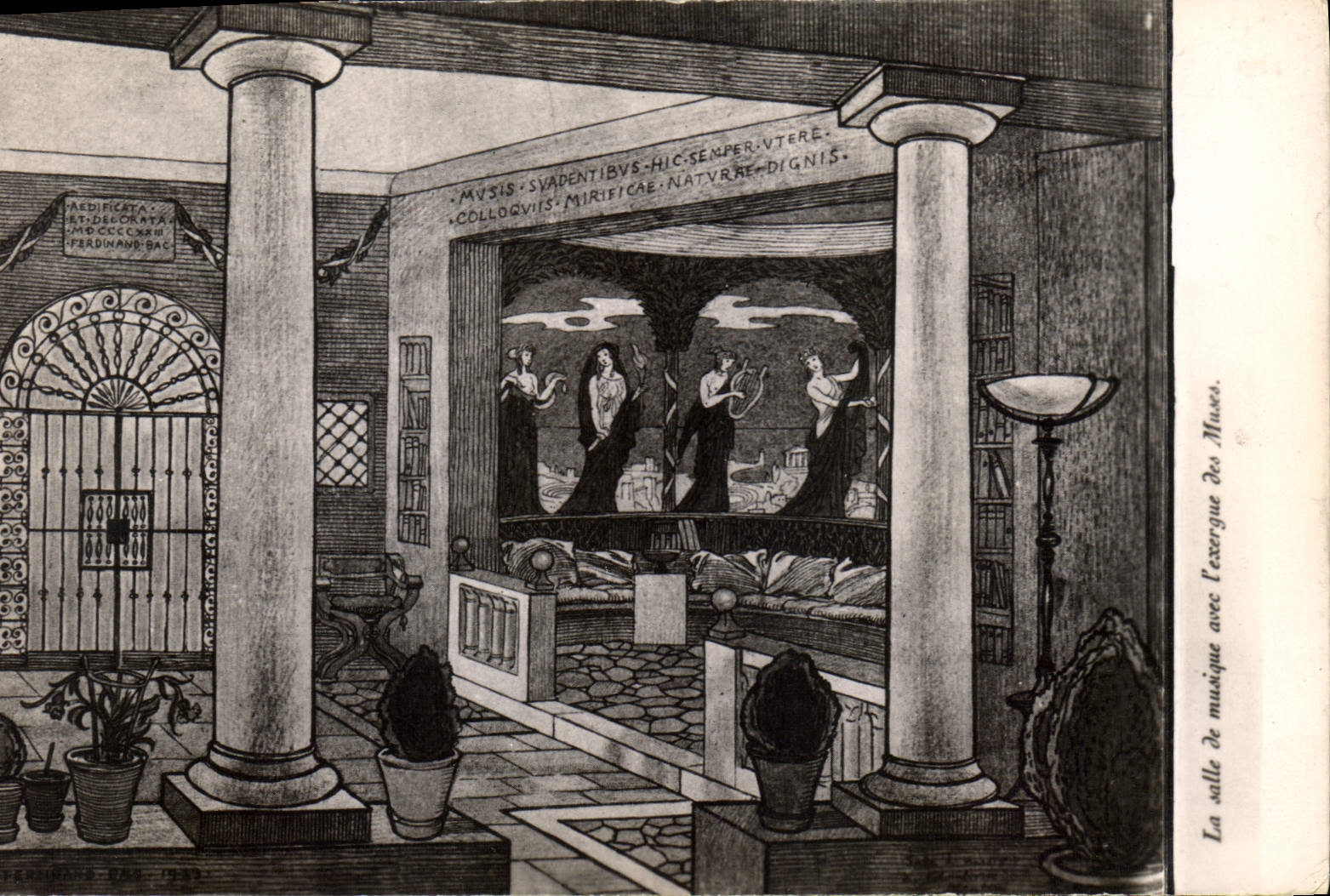 La salle de musique avec l'exergue des Muses — Domaine Les Colombières, Menton