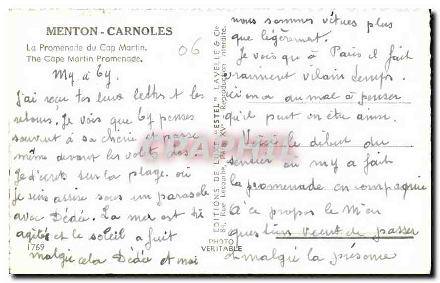 CPA Menton Carnoles La Promenade du Cap Martin  — Rückseite