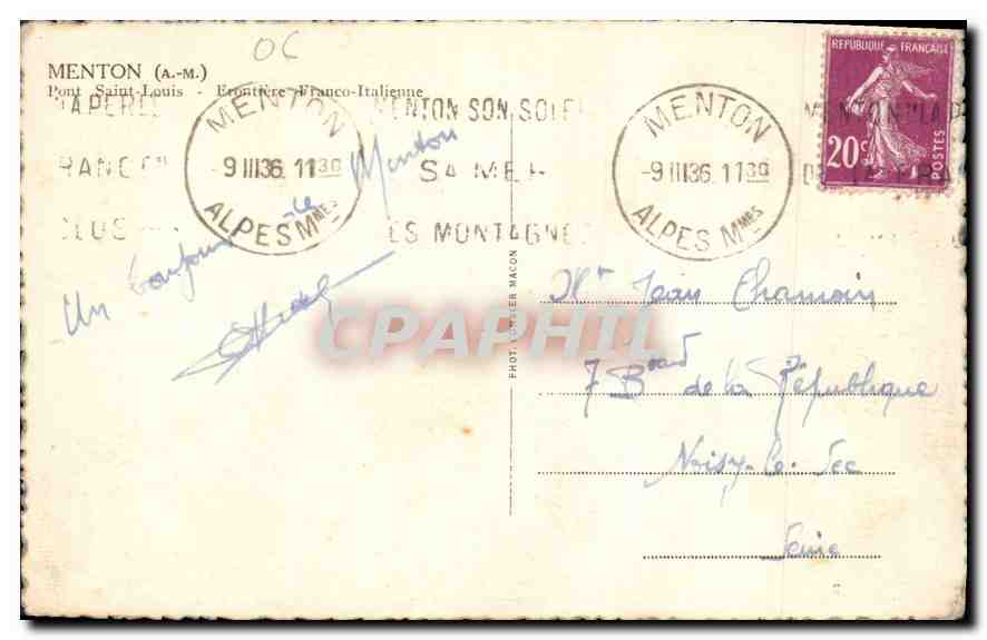 CPA Menton A M Pont Saint Louis Frontiere Franco Italienne  — Verso