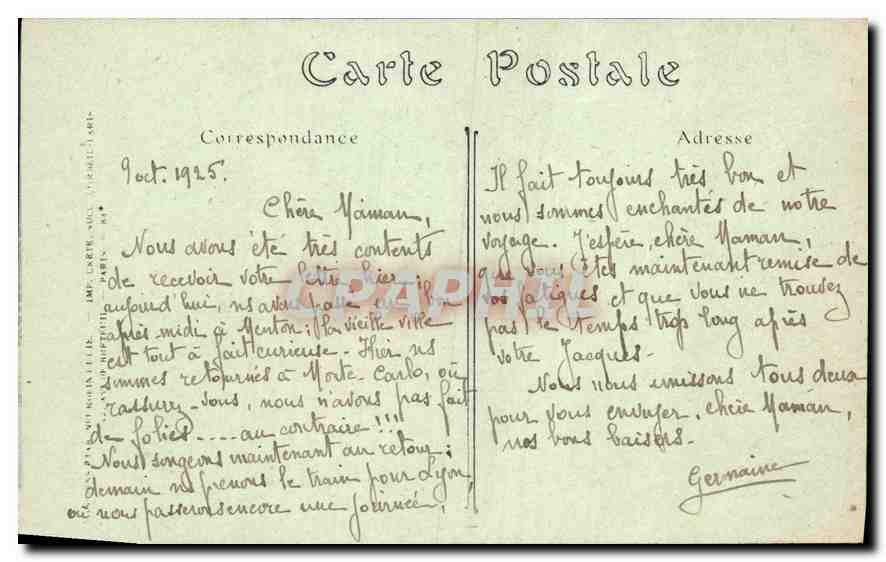 CPA Menton La Vieille Ville  — Rückseite