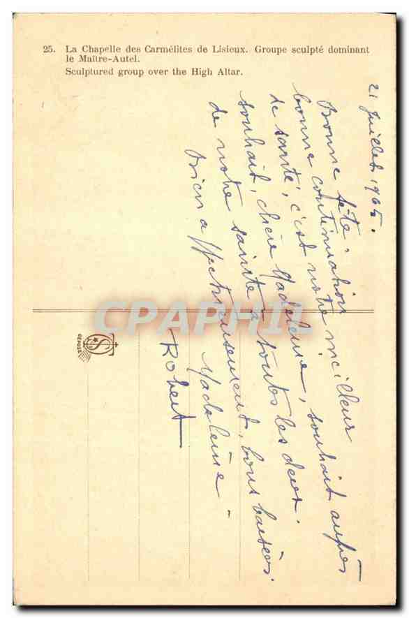 CPA La Chapelle des Carmelites de Lisieux Groupe sculpte dominant le Maitre Autel  — Verso