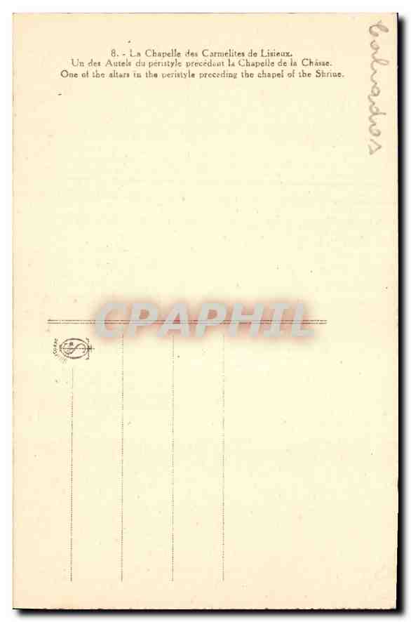 Chapelle des Carmélites de Lisieux — Autel du peristyle — Éditeur : CPAPHIL, n°8 — Verso