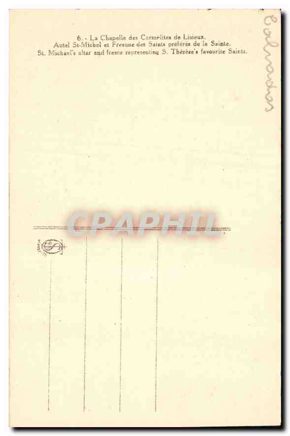 Chapelle des Carmélites de Listieux — Autel Saint-Michel et fresques des saints préférés de S. Thérèse — éditeur non visible — Rückseite