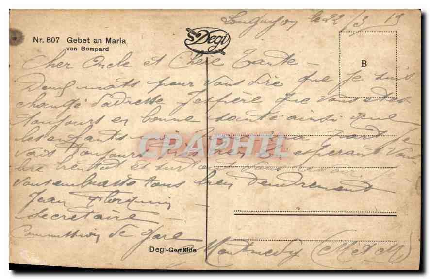 CPA Gebet an Maria von Bompard  — Verso