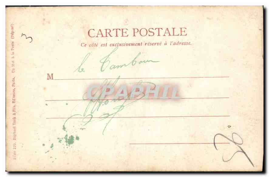 Femme en robe à motifs de paon — éditeur Raphael Tuck & Fils, série 220 — Verso