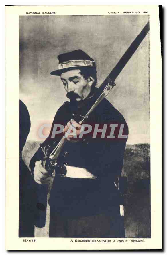 CPA Manet a soldier examining a rifle 