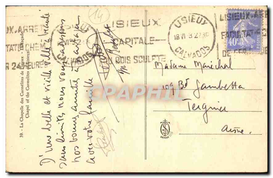 CPA La Chapelle des Carmelites de Lisieux  — Verso