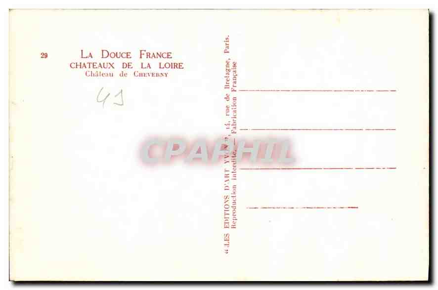 CPA Chateaux de la Loire Chateau de Cheverny  — Rückseite