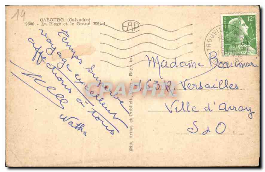 CPA Cabourg Calvados La Plage et le Grand Hotel  — Rückseite