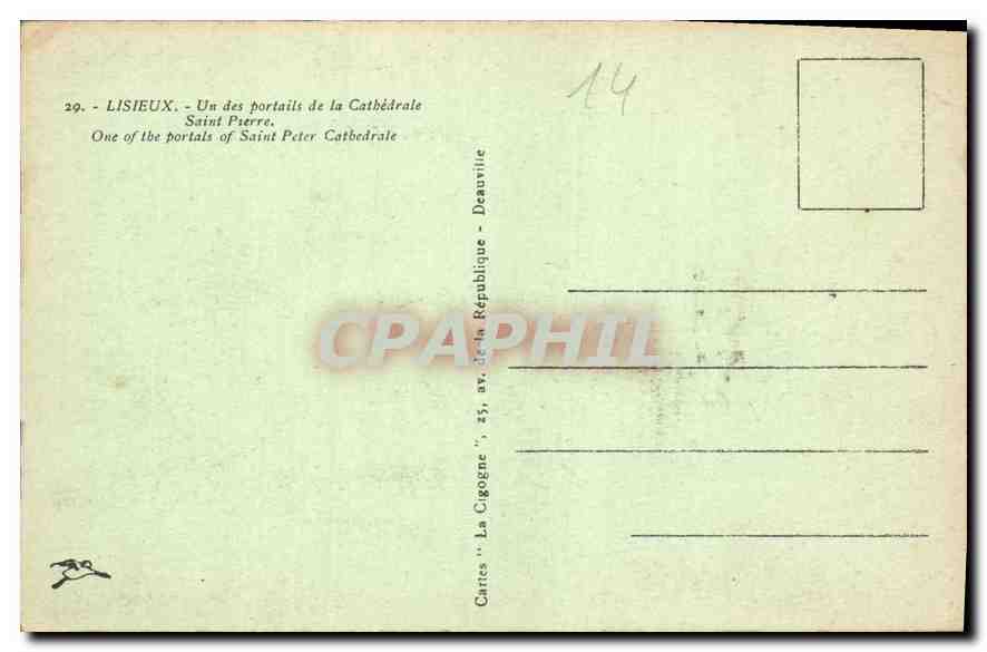 Lisieux — Un des portails de la Cathédrale Saint-Pierre — Cartes 'La Cigogne', 25, av. de la République, Deauville — Verso