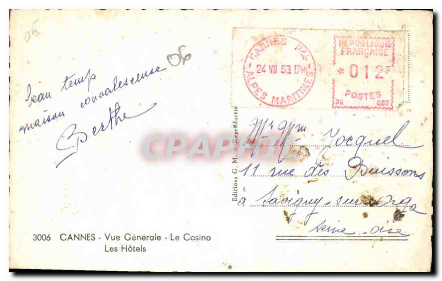 CPA Cannes Vue Generale Le Casino Les Hotels  — Rückseite
