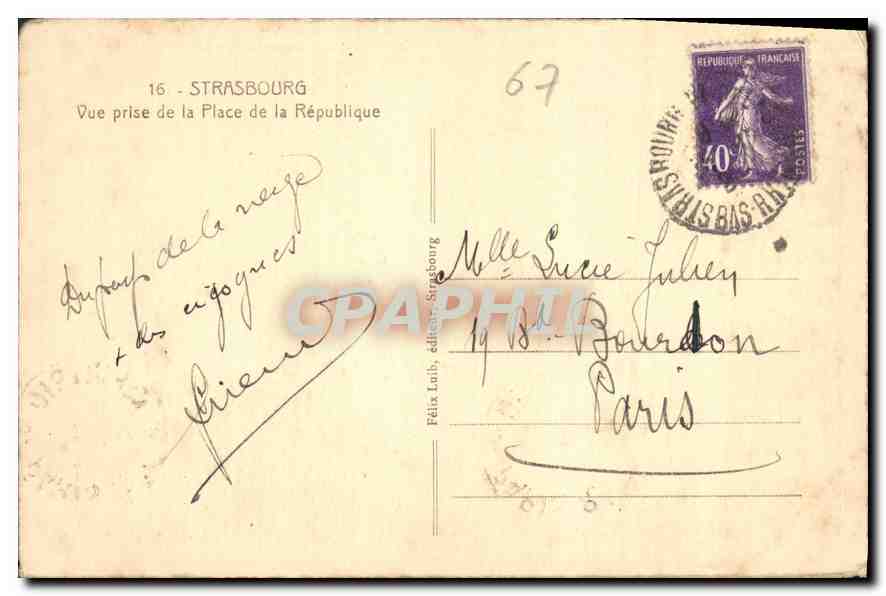 CPA Strasbourg Vue prise de la Place de la Republique  — Rückseite