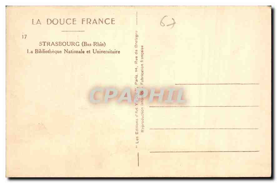CPA Strasbourg Bas Rhin La Bibliotheque Nationale et Universitaire  — Rückseite