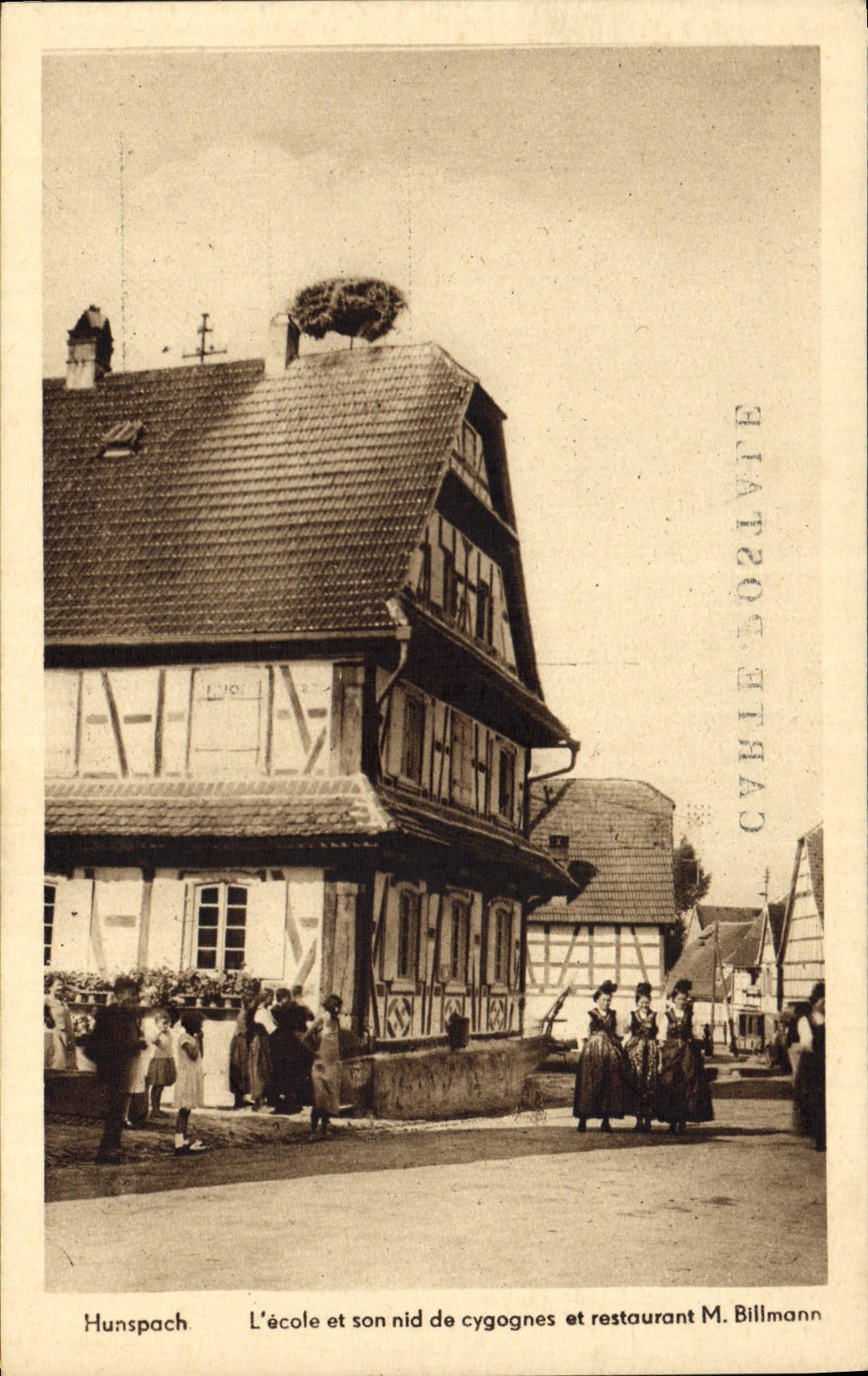 CPA Hunspach L'ecole et son nid de cygognes et restaurant M Billmann 