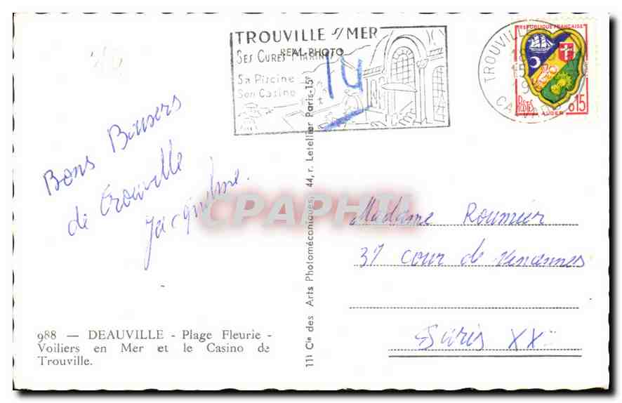 CPA Deauville Plage Fleurie Voiliers en Mer et le Casino de Trouville  — Verso