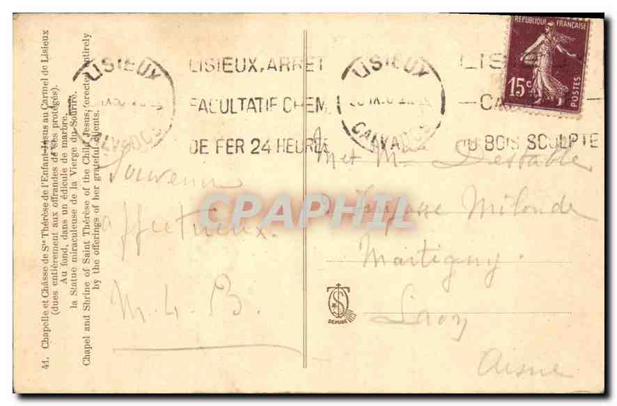 CPA Chapelle et Chasse de Ste Therese de l'Enfant Jesus au Carmel de Lisieux  — Rückseite