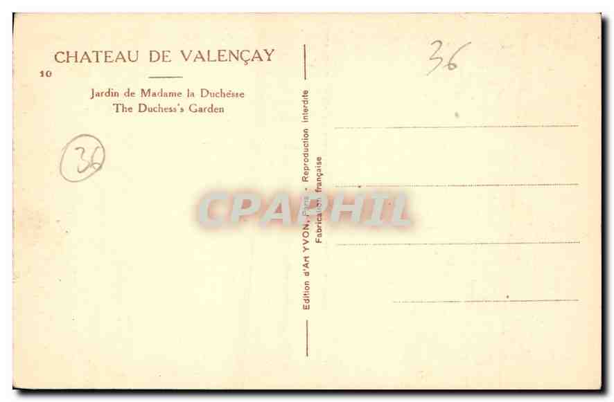 CPA Jardin de Madame la Duchesse Château de Valencay — Rückseite