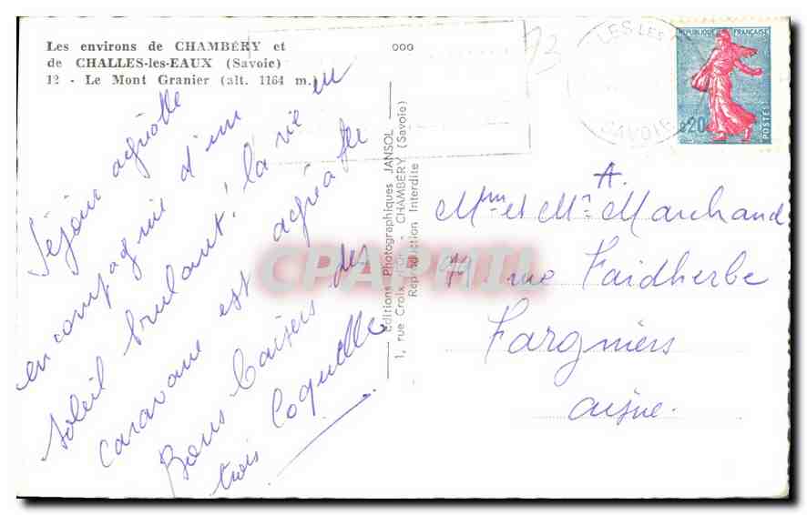 CPA Les environs de Chambery et de Challes les Eaux Savoie  — Rückseite