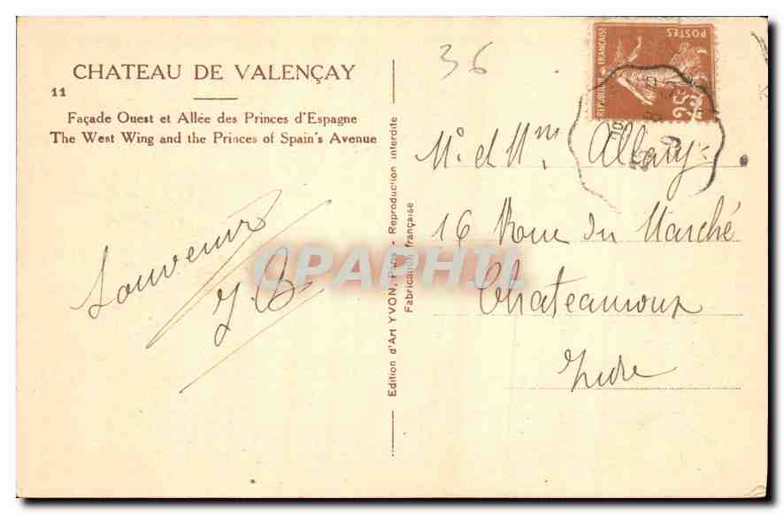 Château de Valençay — Façade Ouest et Allée des Princes d'Espagne — Édition d'Art YVON — Rückseite