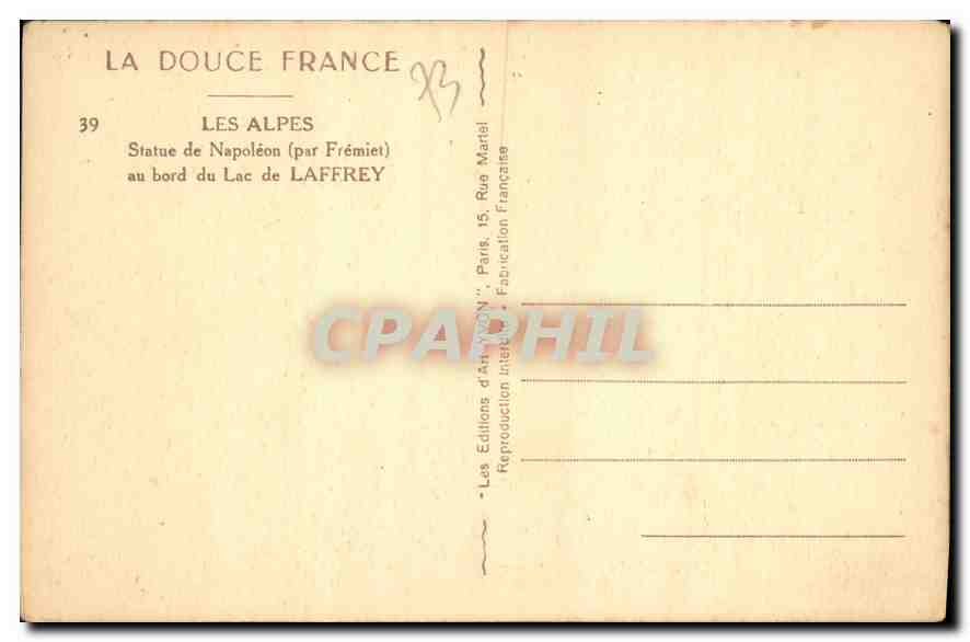 Statue de Napoléon (par Frémiet) — au bord du Lac de Laffrey — Éditions d'Art Yvon, n°39 — Verso