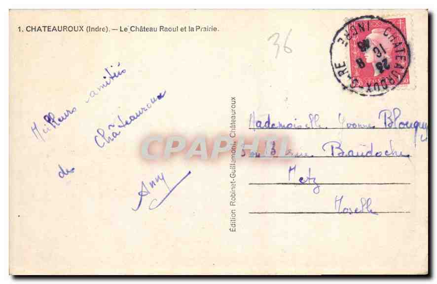 CPA Chateauroux Indre Le Chateau Raoul et la Prairie  — Rückseite