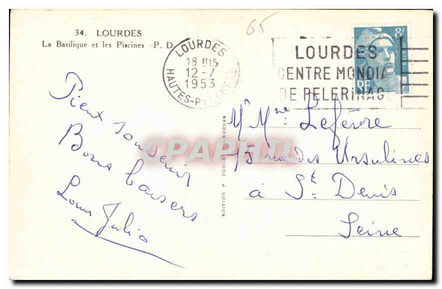 CPA Lourdes La Basilique et les Piscines  — Verso
