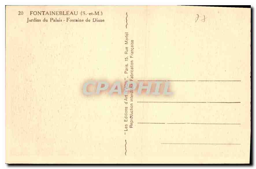 CPA Fontainebleau S et M Jardins du Palais Fontaine de Diane  — Verso