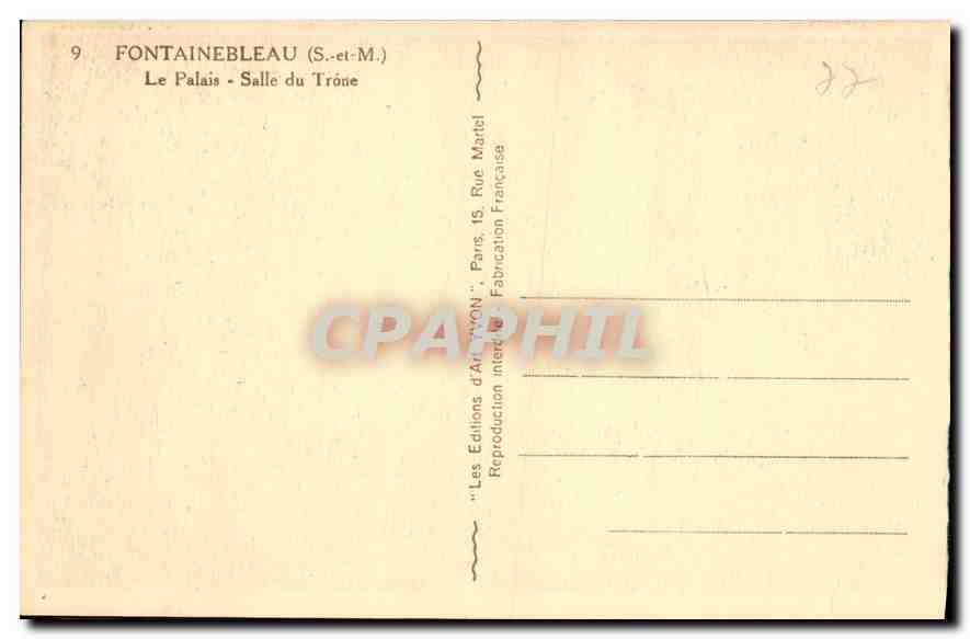 Fontainebleau - Salle du Trône — Le Palais — Éditions d'Art 'VON' Paris — Verso