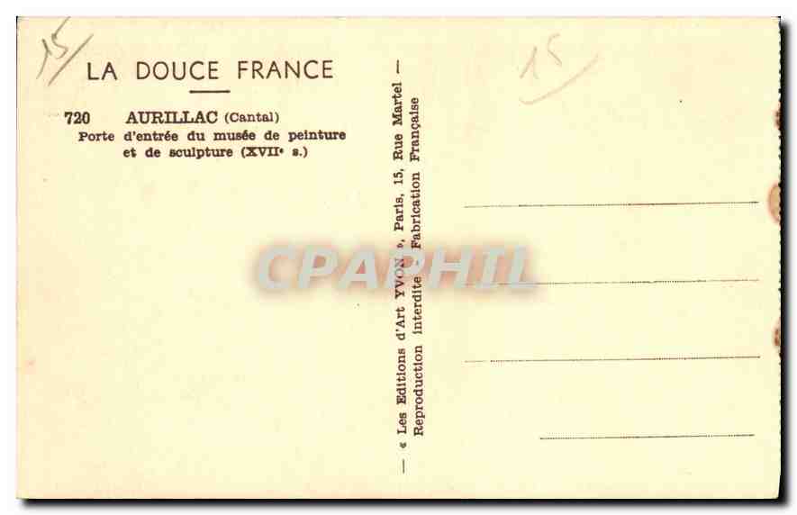 CPA Aurillac Cantal Porte d'entree du musee de peinture et de sculpture  — Rückseite