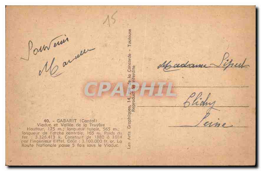 CPA Garabit Cantal Viaduc et Vallee de la Truyere  — Verso