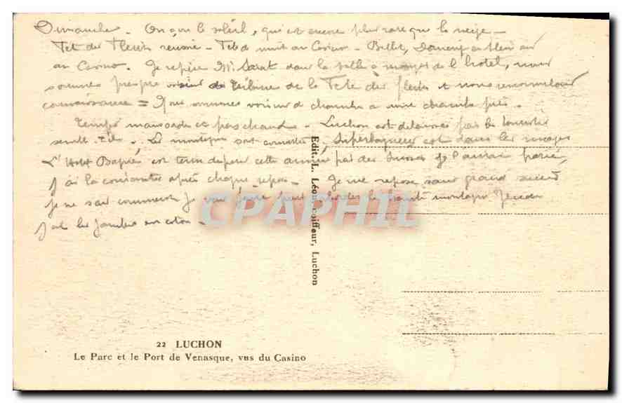 Le Parc et le Port de Venasque, vus du Casino — Luchon — Éditeur Léon Dufour, n°22 — Reverso