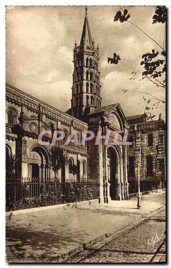 Toulouse - Clocher de la Basilique Saint-Sernin et Porte Miègeville — Héliogravure Larousse Frères