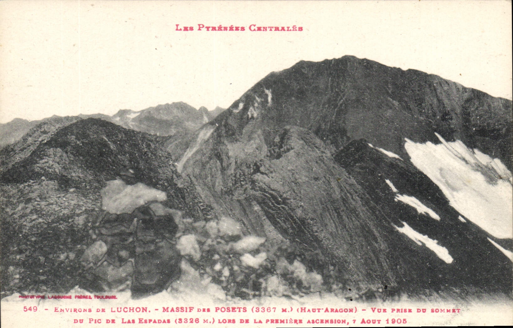 Environs de Luchon - Massif des Posets (3367 m.) - Vue prise du sommet du Pic Las Espadas (3326 m.) lors de la première ascension, 7 août 1905
