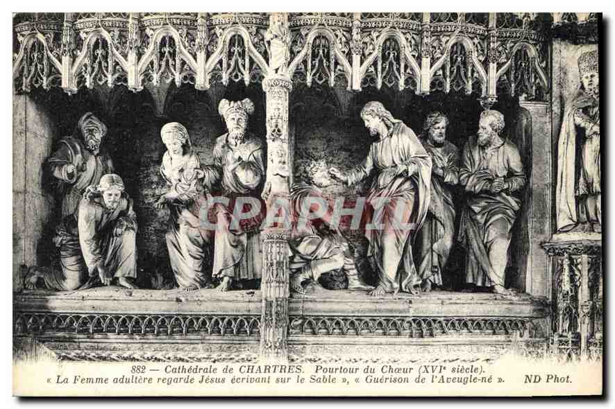 Cathédrale de Chartres — La Femme adultère regarde Jésus écrivant sur le sable — ND Phot.